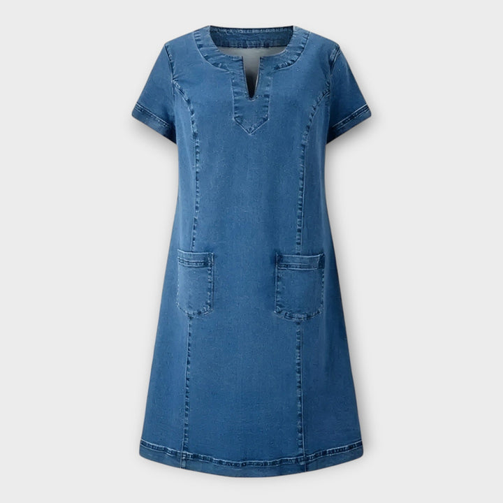 Denim Dress with Pockets and V-Neck