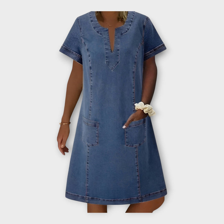 Denim Dress with Pockets and V-Neck