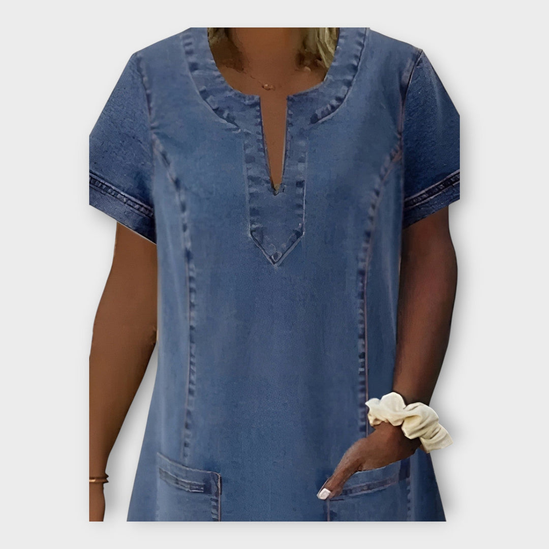Denim Dress with Pockets and V-Neck