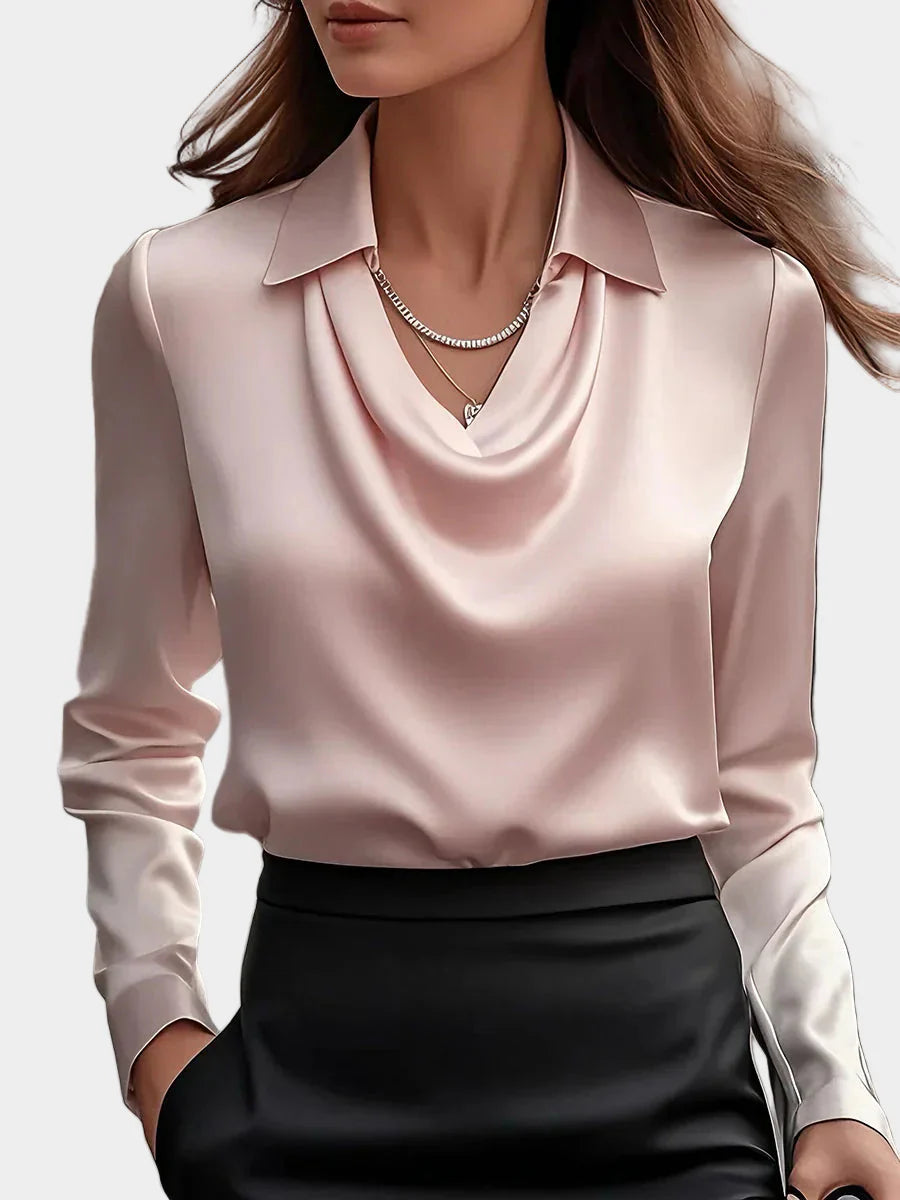 Elegant White Satin Blouse with Draped Neckline