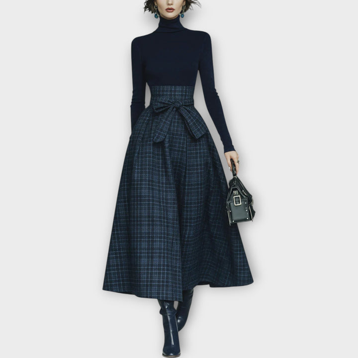 Elegant High-Waist Knit & Plaid Maxi Dress