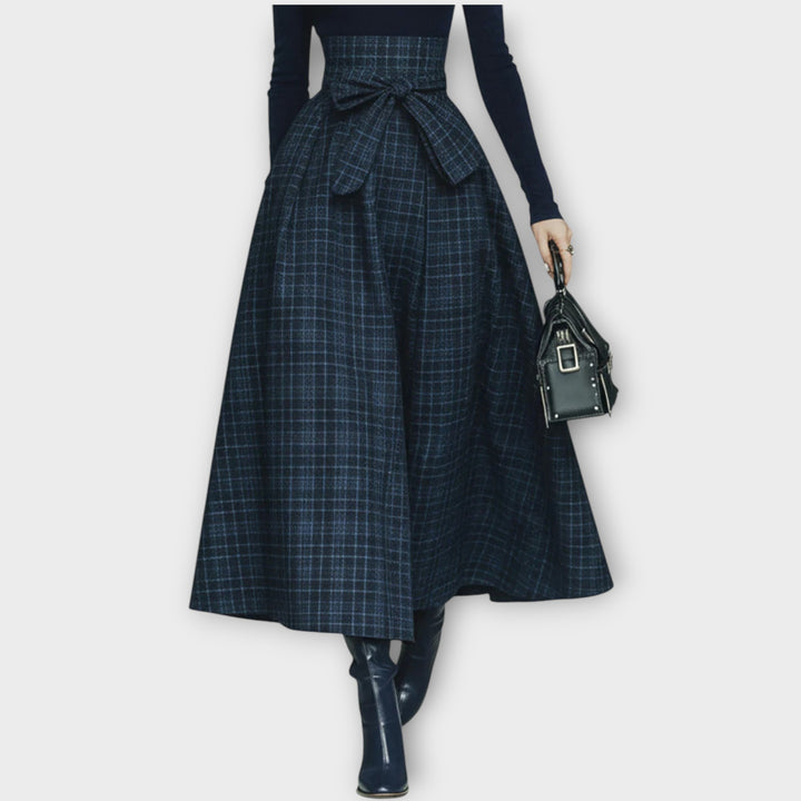 Elegant High-Waist Knit & Plaid Maxi Dress