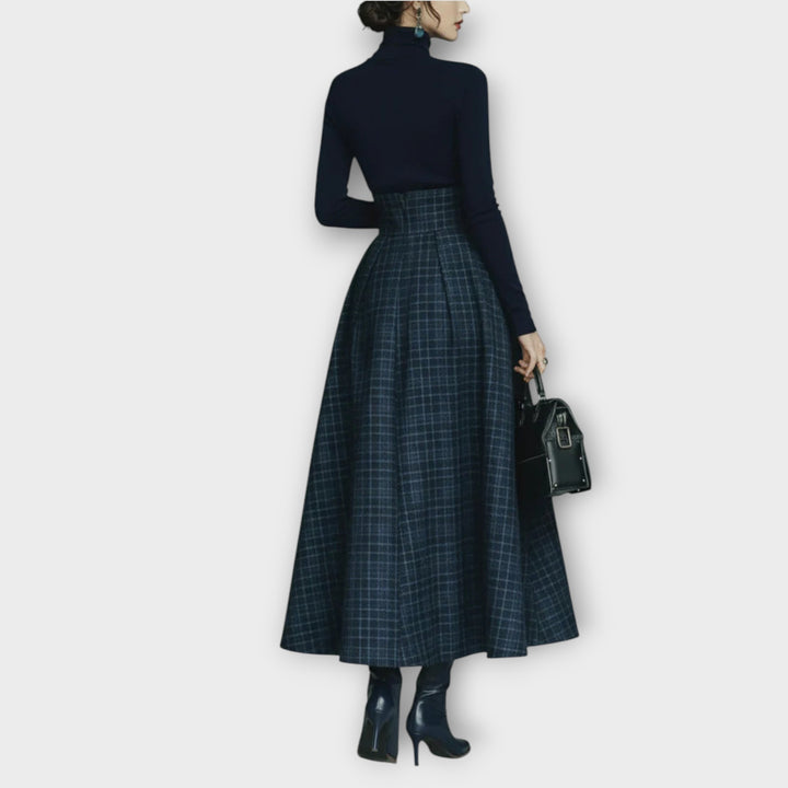 Elegant High-Waist Knit & Plaid Maxi Dress