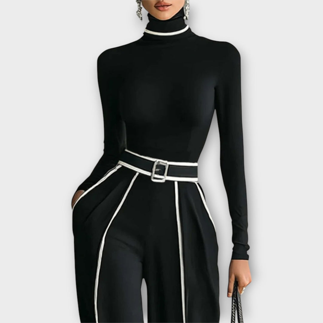 Sophisticated Two-Piece Set with Turtleneck Top and Wide-Leg Pants