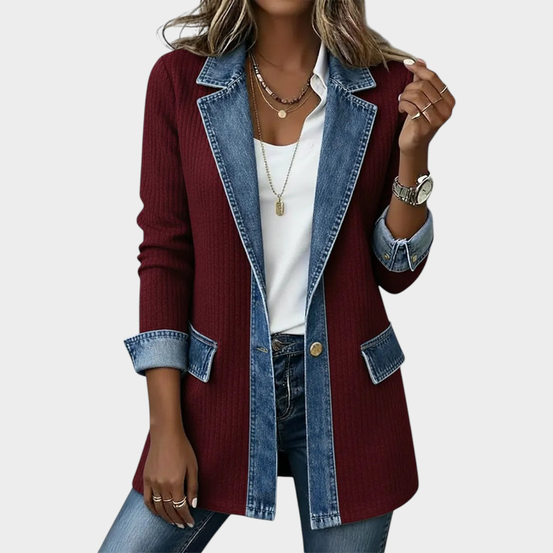 Denim-Trim Ribbed Knit Blazer