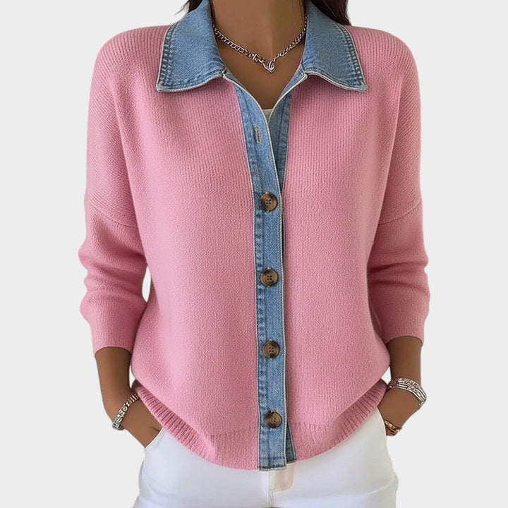 Button-Front Knit Cardigan with Contrast Collar