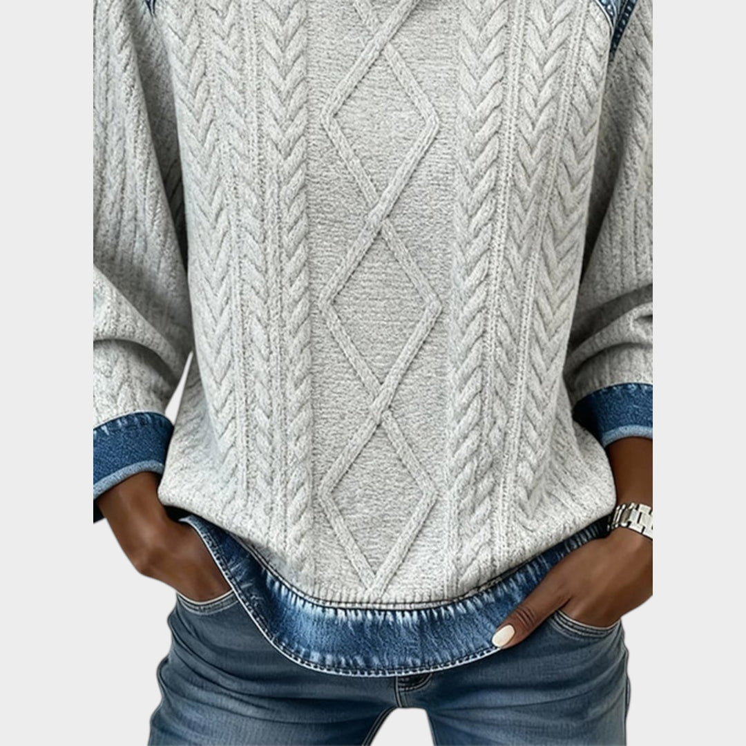 Denim Trim Cable Knit Sweater