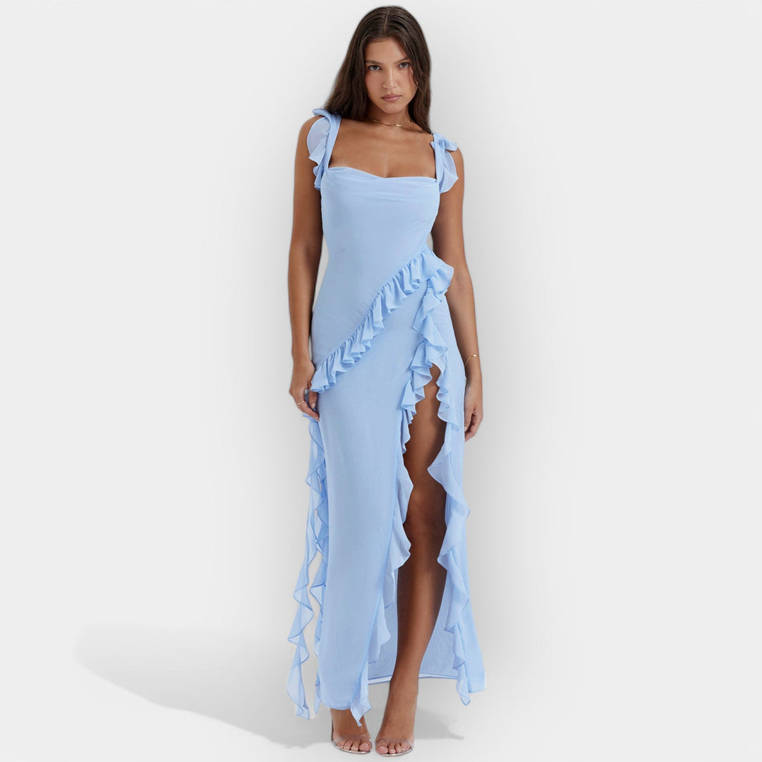 Dress with Slit and Ruffled Details