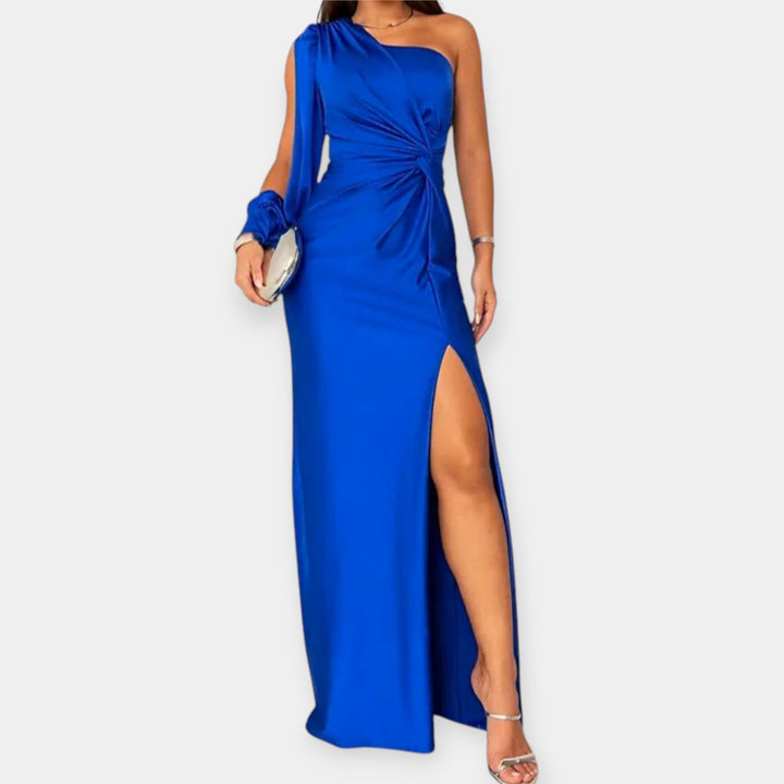 Maxi Dress with Asymmetrical Shoulder and Slit