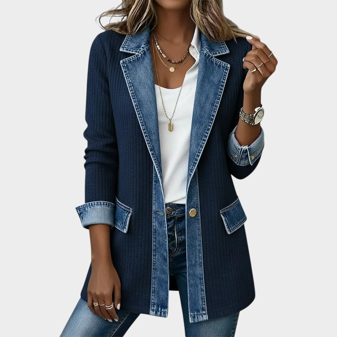 Denim-Trim Ribbed Knit Blazer