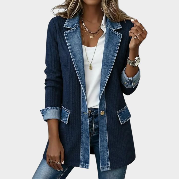 Denim-Trim Ribbed Knit Blazer