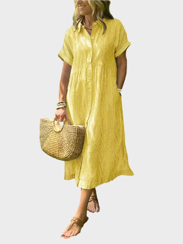 Striped Shirt Dress with Flaps, Buttons, and Functional Pockets