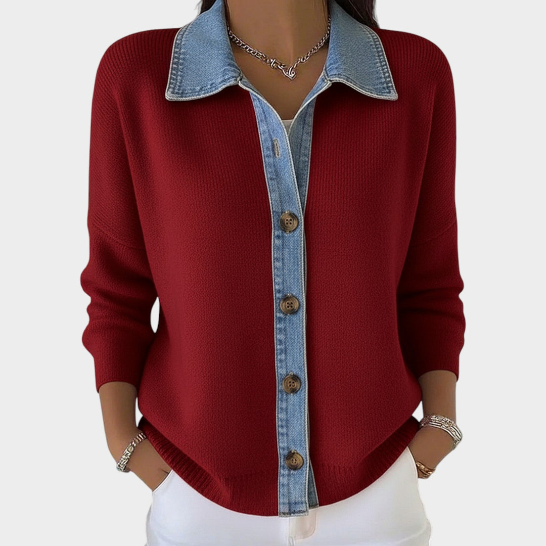 Button-Front Knit Cardigan with Contrast Collar