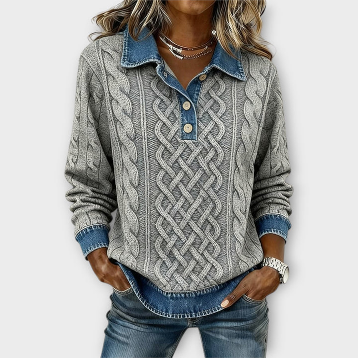 Denim-Collar Cable Knit Pullover