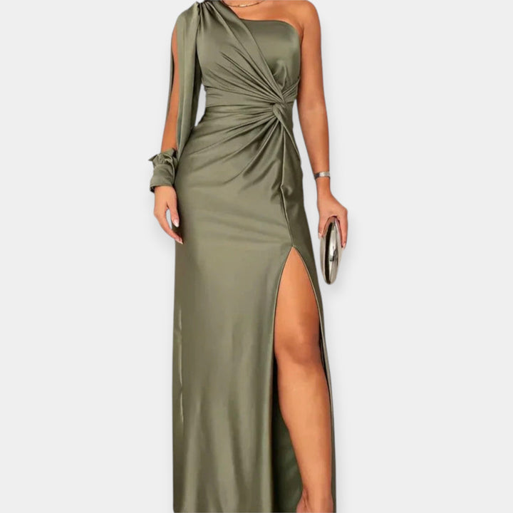 Maxi Dress with Asymmetrical Shoulder and Slit