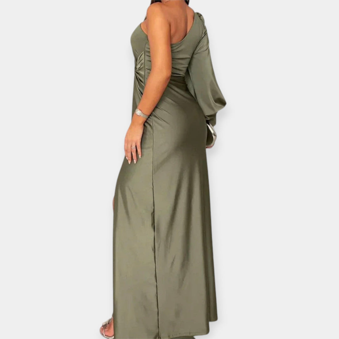Maxi Dress with Asymmetrical Shoulder and Slit