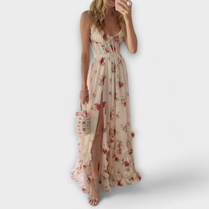 Maxi Dress with Flower Pattern and Slit