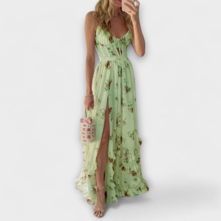 Maxi Dress with Flower Pattern and Slit