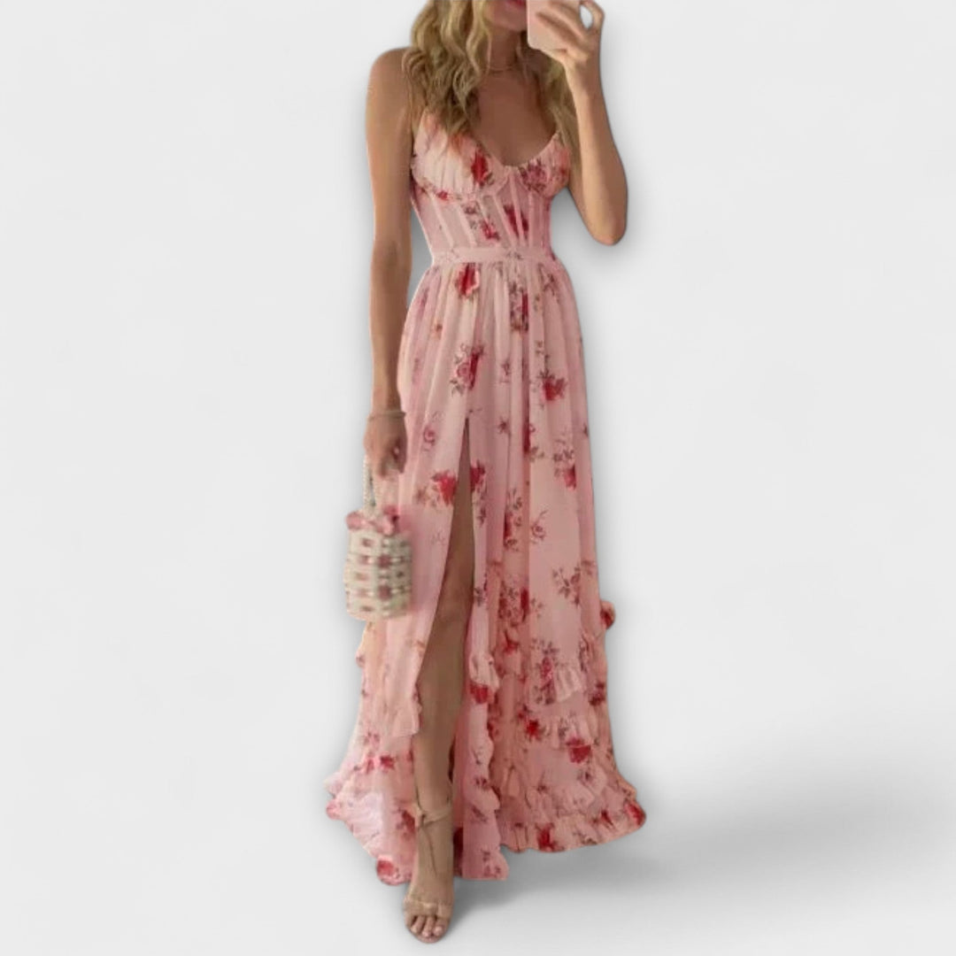 Maxi Dress with Floral Pattern and Slit