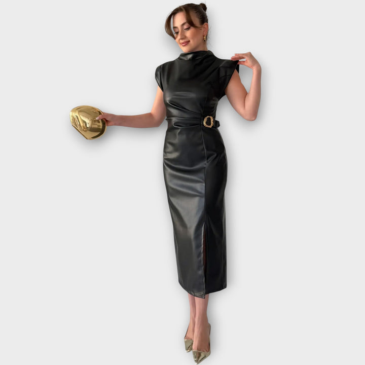 Midnight Luxe Faux-Leather Midi Dress
