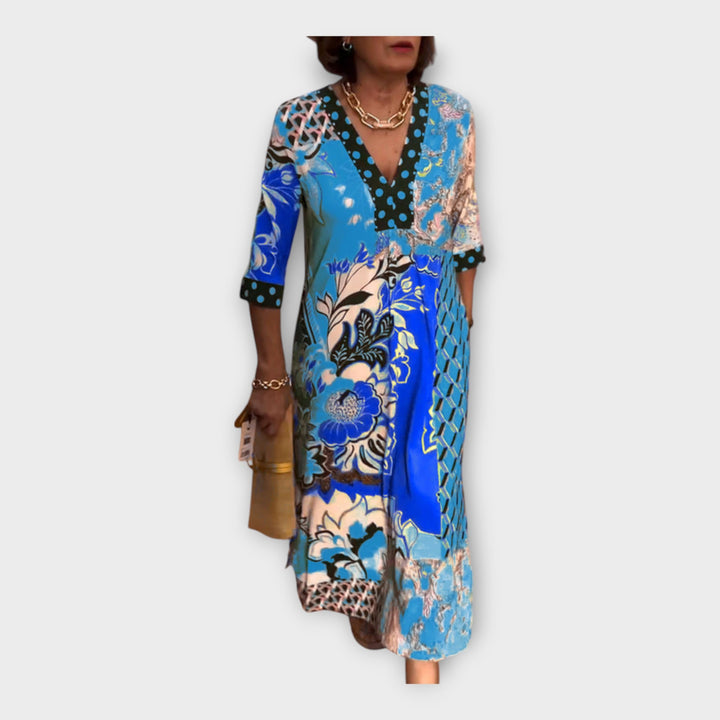 Multicolored Dress with Buttons and 3/4 Sleeves