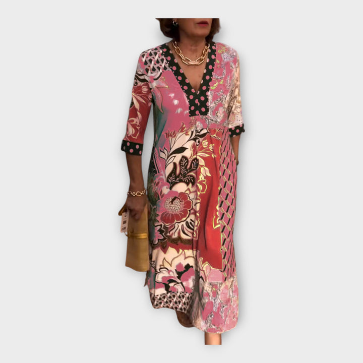 Multicolored Dress with Buttons and 3/4 Sleeves