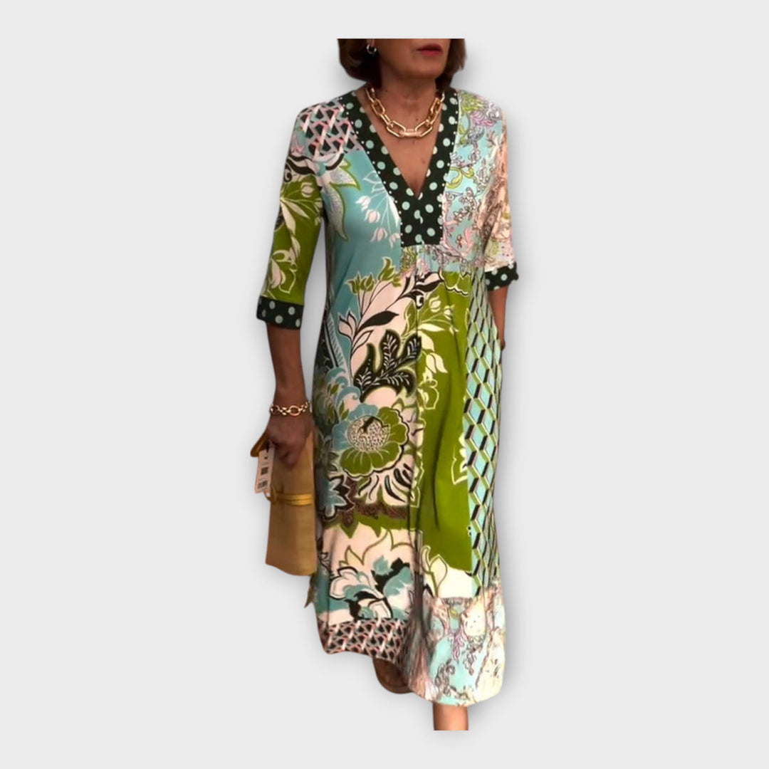 Multicolored Dress with Buttons and 3/4 Sleeves