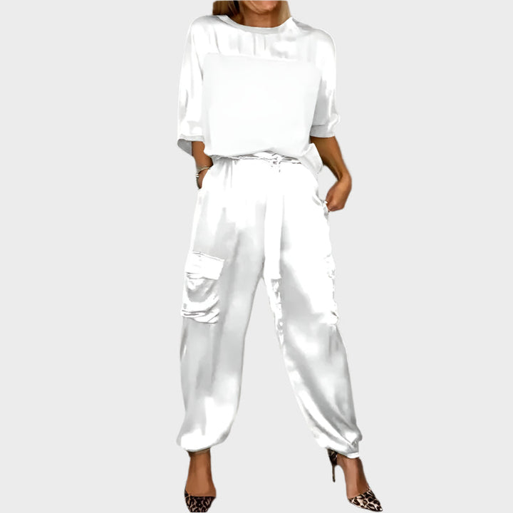 Satin Set with Relaxed Blouse and Cargo Pants