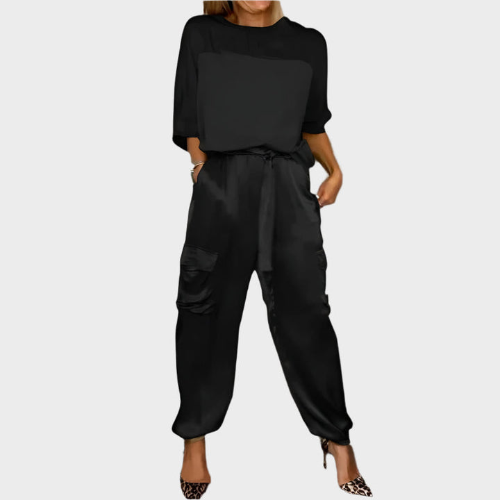 Satin Set with Relaxed Blouse and Cargo Pants