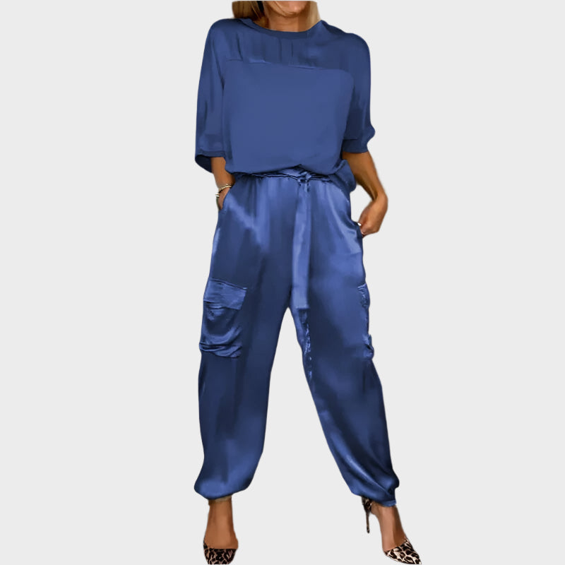 Satin Set with Relaxed Blouse and Cargo Pants