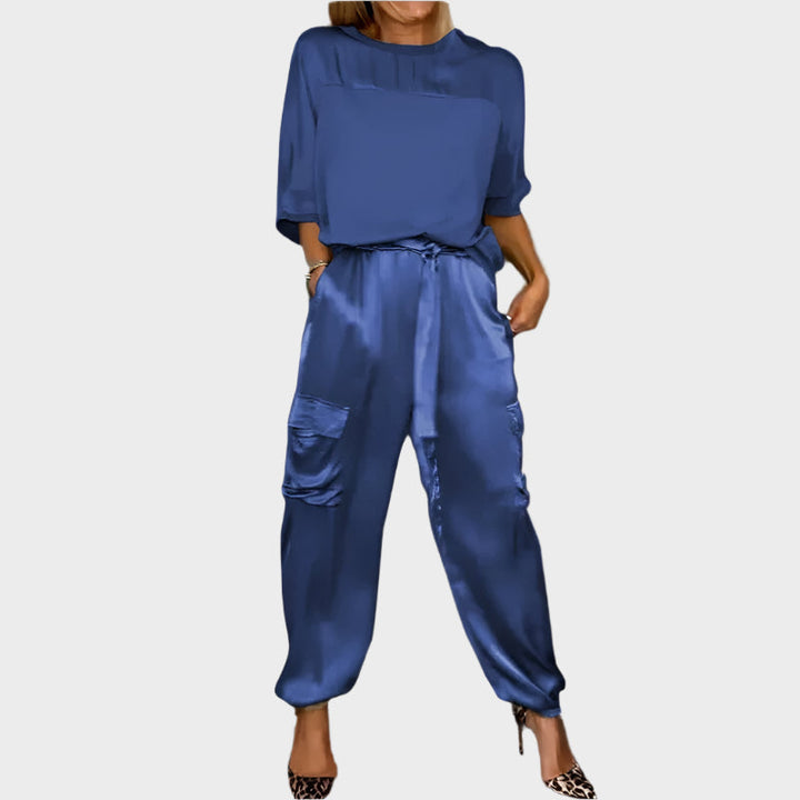 Satin Set with Relaxed Blouse and Cargo Pants