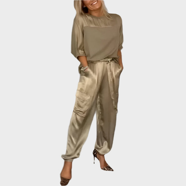Satin Set with Relaxed Blouse and Cargo Pants