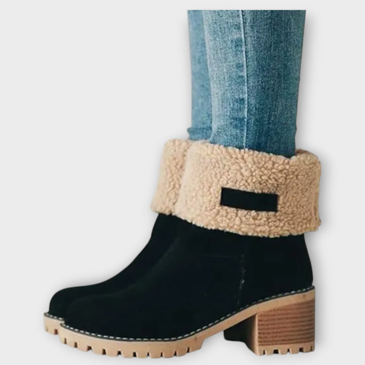 Fleece-Cuffed Block Heel Ankle Boots