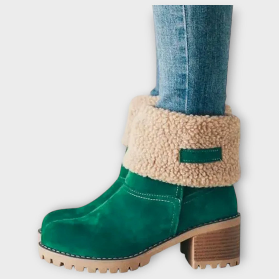 Fleece-Cuffed Block Heel Ankle Boots