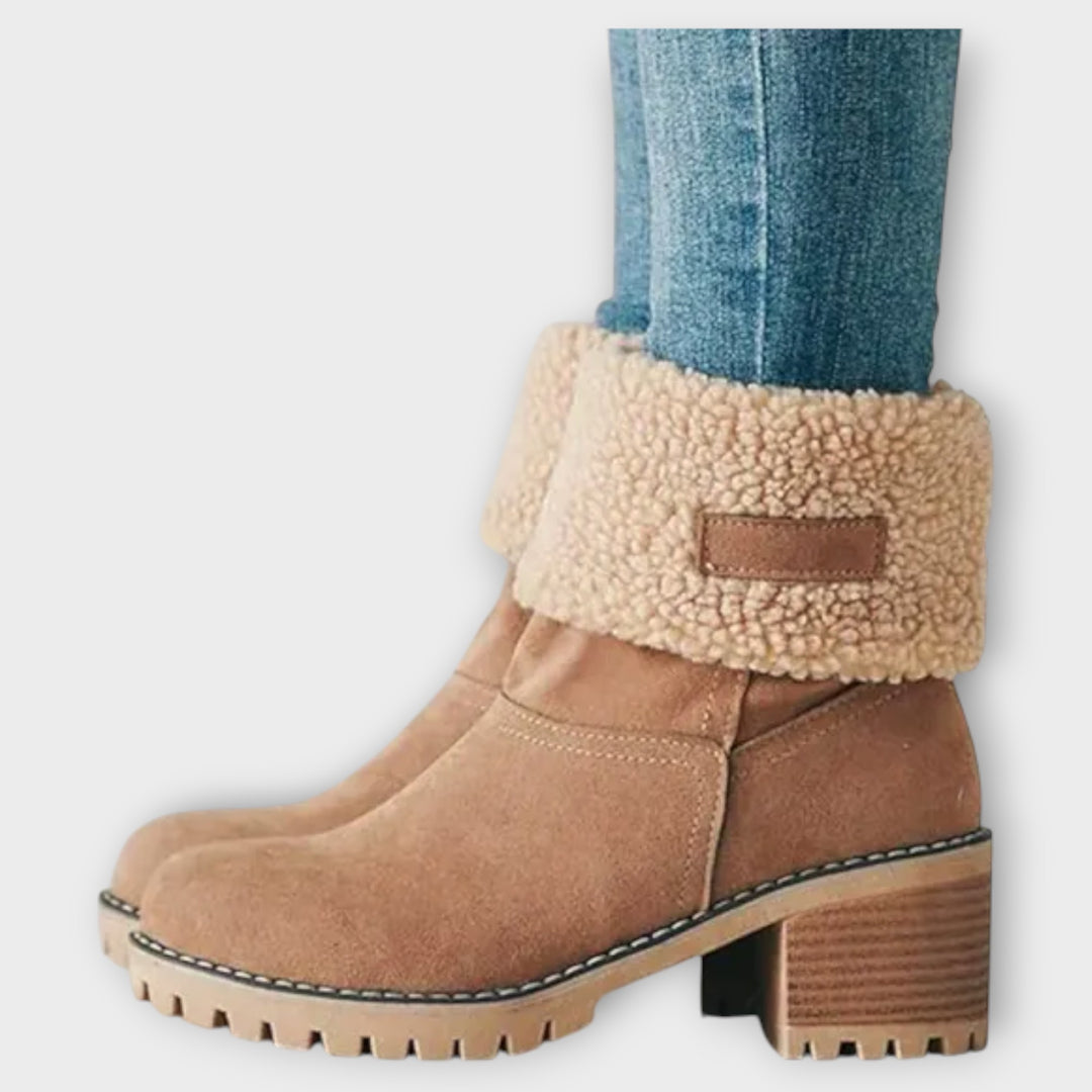 Fleece-Cuffed Block Heel Ankle Boots