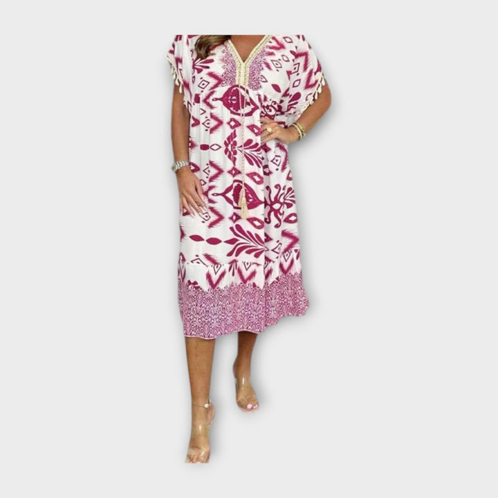 Knee-Length Kaftan with Patterns and Drawstring