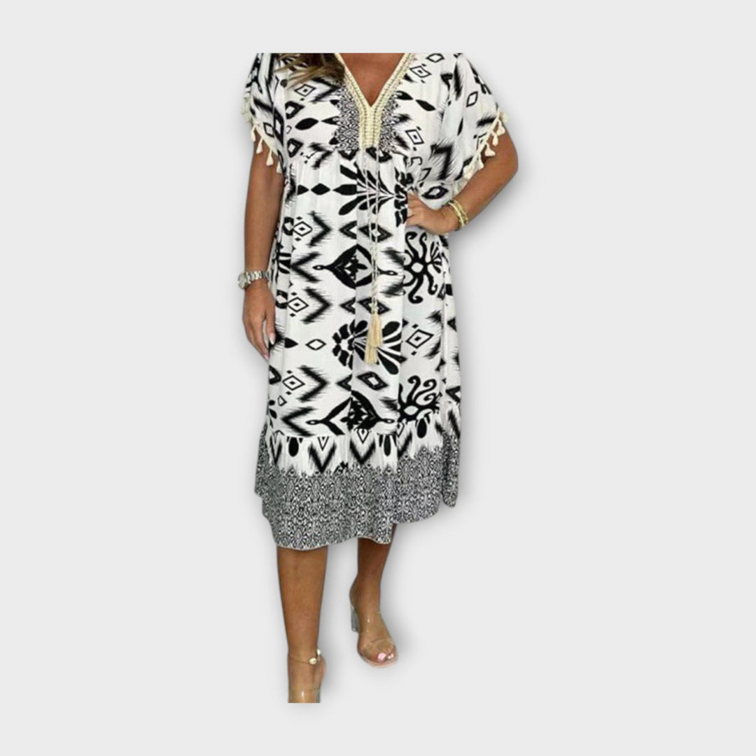 Knee-Length Kaftan with Patterns and Drawstring