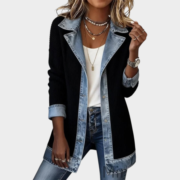Denim-Trim Knit Cardigan Jacket